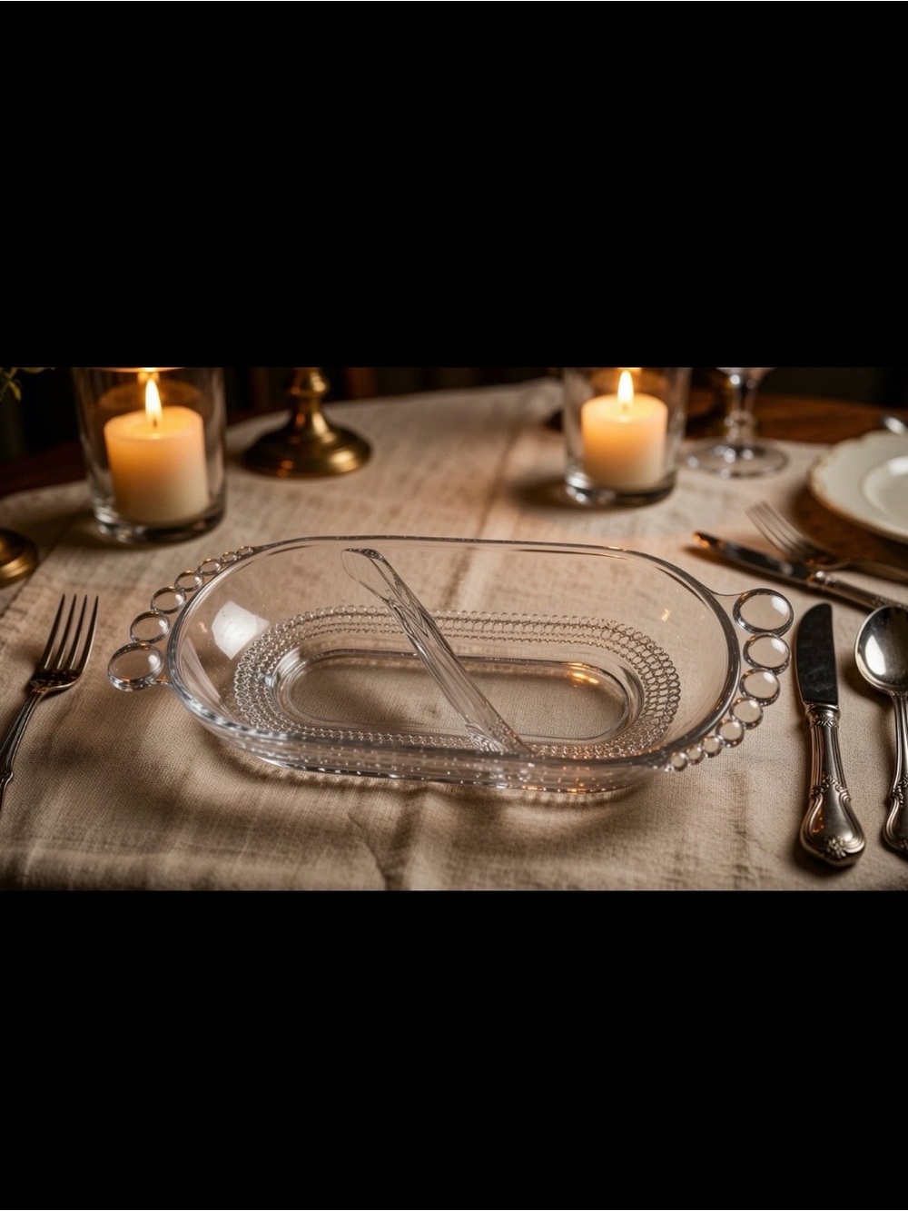 1930’s Duncan & Miller Olive or Trinket Dish Clear Glass Teardrop Pattern 7”